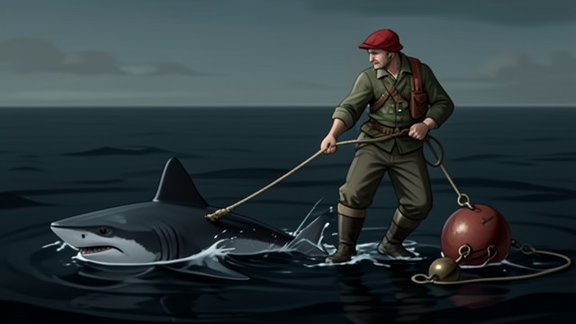 Release to the Deep from "Blueback". Release to the Deep A final act Abel tows the shark offshore, replaces the buoy with lead weights, and cuts it free. Its body sinks into the dark water.