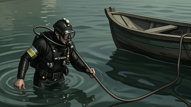 A Lone Diver from "Blueback". A Lone Diver Risky work Mad Macka dives alone from a boat, using a compressor and air hose to gather Abalone.
