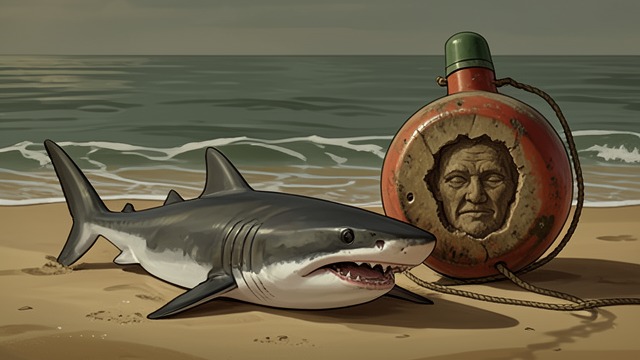 The Name on the Buoy from "Blueback". The Name on the Buoy Death The tide leaves the shark dead on the beach. Abel turns over the buoy and finds Costello’s name stencilled on it.