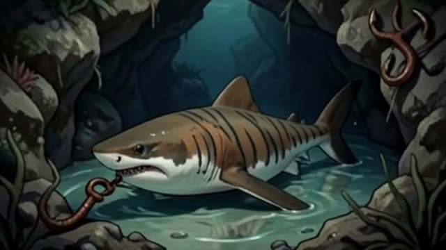 The Shark as Evidence from "Blueback". The Shark as Evidence Harm beyond the reef A Tiger shark dies with Costello’s hooked buoy still attached.