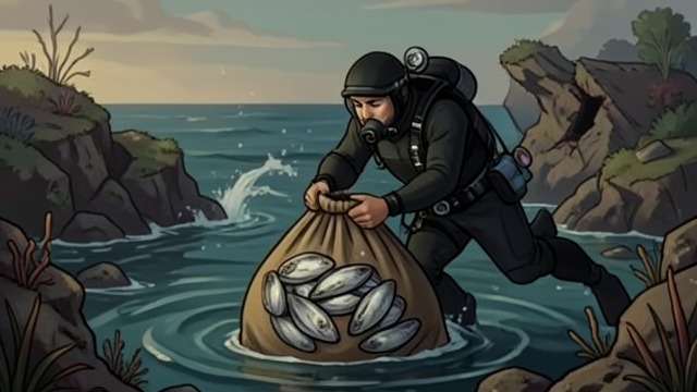 Costello’s Harvest from "Blueback". Costello’s Harvest Excess Costello’s divers bring up oversized bags of Abalone and piles of fish, including undersized and illegal catch.