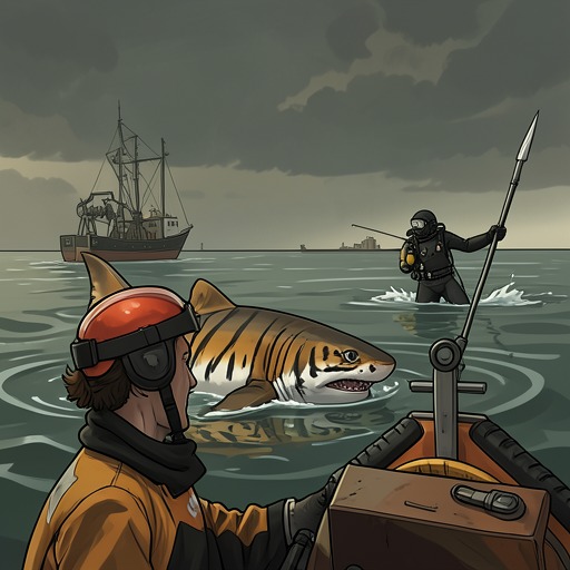 The Tiger Shark’s Suffering from "Blueback". This flow follows Abel’s response to a suffering tiger shark and his recognition of Costello’s cruelty beyond the reef.