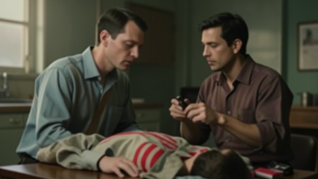 The Autopsy Shock from "The Collini Case". The Autopsy Shock A body too close Leinen sees the mutilated body and struggles to remain standing.