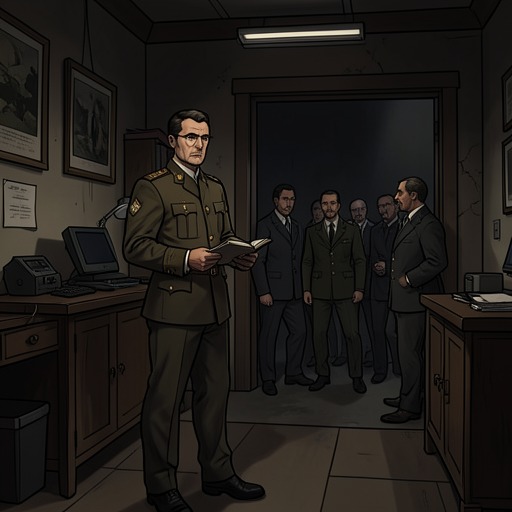 The Interpreter’s Burden from "The Collini Case". An unwilling interpreter witnesses the reprisal execution, preserves its record, and carries the names that make Collini’s later complaint possible.