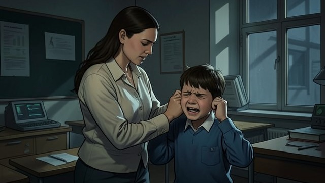 Erik Held by His Ears from "Matilda". A Second Public Punishment Miss Trunchbull lifts Erik by both ears while he struggles to spell a simple word.