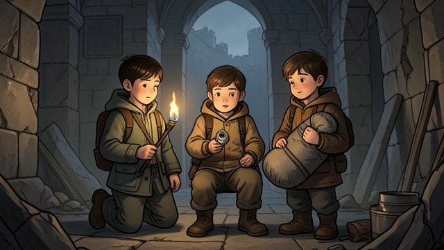 A Pact to Stay Together from "In the Woods". A Promise Among Friends The Escape Plan In the ruined castle, Peter lays out a scheme: the three children will collect supplies, leave their parents a…