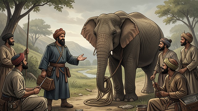 An Offer of Service from "Around the World in Eighty Days". An Offer of Service A local solution When the railway ends, a Parsee guide offers to take the travelers across the gap.