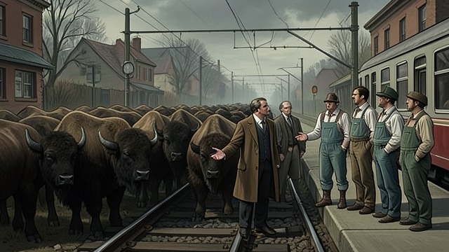The Bison Blockade from "Around the World in Eighty Days". The Bison Blockade A moving obstruction A huge herd of American bison occupies the track, forcing the train to wait for hours.