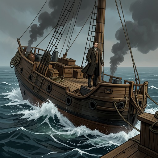 The Atlantic Passage Rebuilt from "Around the World in Eighty Days". This flow traces Fogg’s improvised Atlantic crossing from a rejected request to the destruction of the ship’s wooden fittings.