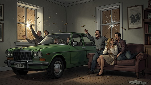 Gunfire at the House from "Crimson Lake". Gunfire at the House An attack in daylight A green sedan pulls up outside Ted’s house and its occupants shout threats.