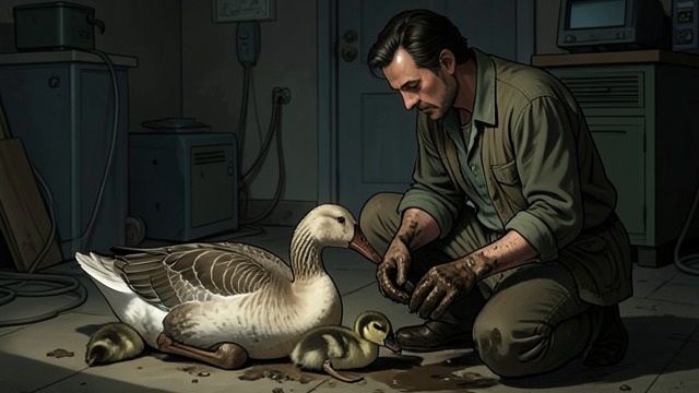 A Goose at the Fence from "Crimson Lake". An interruption to despair A strange arrival Ted finds an injured domestic goose with several goslings near the fence of his rented house.