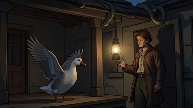The Guard Goose from "Crimson Lake". Learning to notice A warning ignored Woman repeatedly cries and flaps on the porch while Ted remains inside. At first he treats her alarm as another nuisance.