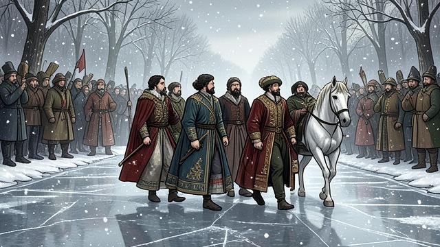 The Frozen Procession from "The King's Curse". A Court on Display Royal Ceremony The court processes across the frozen Thames with lavish clothing, standards, guards, and music.
