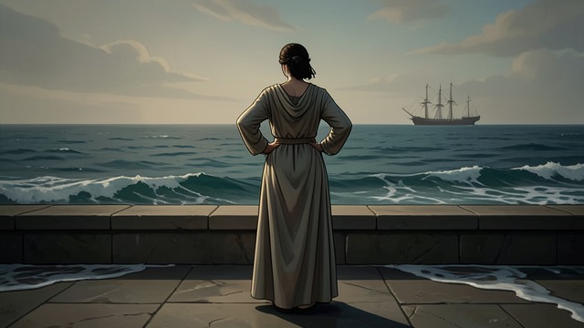 Almitra Watches the Ship from "The Prophet". Almitra Watches the Ship The Last Witness The people disperse, but Almitra remains alone on the sea-wall, gazing after the vessel until it disappears.