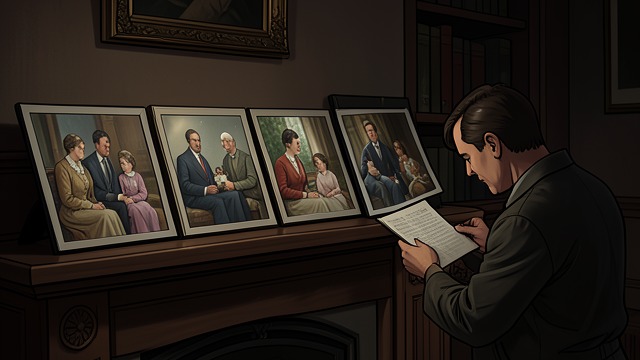 A Family in Photographs from "The Humans". An Inherited Household Images of the past The narrator studies photographs of Andrew Martin, Isobel Martin, and Gulliver Martin.