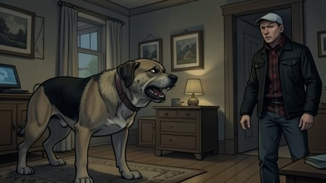 A Watchful Dog from "The Humans". Suspicion at Home An instinctive response Newton growls at the unfamiliar presence in his house.