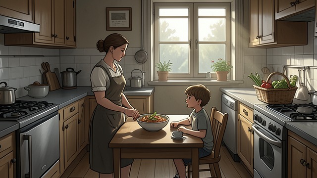 孩子们由别人照料,《这也会过去》中的场景。孩子们由别人照料 照料彼此流转 吉列姆把孩子们带回来,他们身体健康,还带着满满一筐菜园收成。他打趣布兰卡不情愿下厨。两人的对话表明,养育孩子是共同承担的实际责任,而不是一个人独自接受的考验。 接受不完美 布兰卡拿自己不擅长打理家务开玩笑,也不假装要变成另一种母亲。这一幕让哀伤与日常喂养、照料孩子的琐事并存。