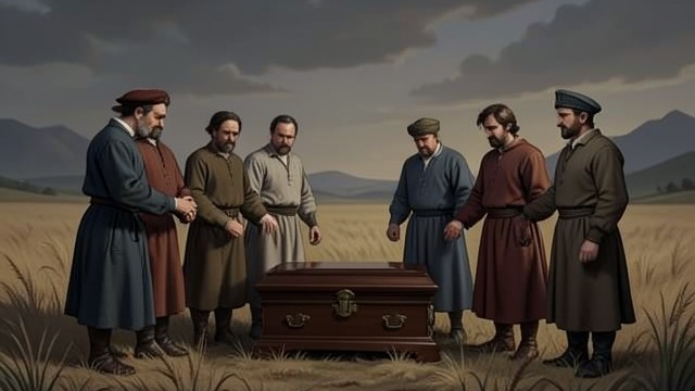 Friends Arrive at the Funeral from "También esto pasará". Friends Arrive at the Funeral A gathered circle Blanca's friends stand beside her at the burial, offering presence when words and ritual feel inadequate.