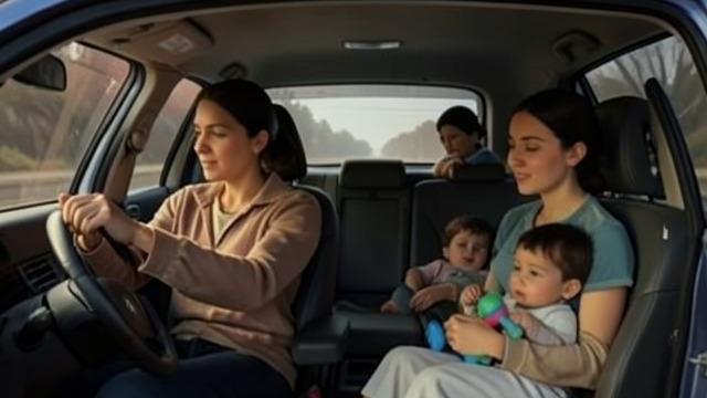 The Crowded Road Trip from "También esto pasará". The Crowded Road Trip A mobile household Blanca drives a car full of children, a caregiver, and Sofía, managing the decisions that make the trip possible.