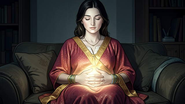 为腹中胎儿祈祷,《罗斯玛丽的婴儿》中的场景。渴望信仰 忆起的习惯 罗斯玛丽希望自己能再次祈祷,请求上帝保护孩子免受疾病与伤害。她的不可知论并未抹去成长过程中习得的情感表达。 私下守望 她把双手放在腹部,想象孩子平安出生。母亲的恐惧使她对宗教的渴望变得更加迫切。