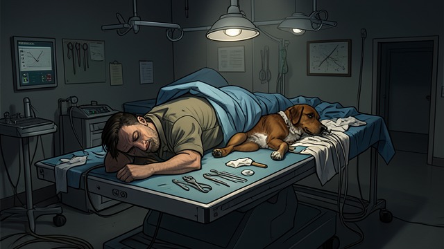 The Veterinary Surgery from "East of the Mountains". The Veterinary Surgery Professional assessment Ilse Peterson examines Rex and identifies torn muscle and wounds requiring resuturing.