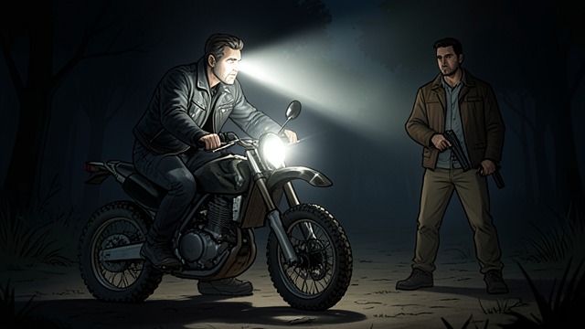The Owner's Threat from "East of the Mountains". The Owner's Threat A blinded standoff Harden arrives on a dirt bike with a bright light and orders Ben to put down his empty shotgun.