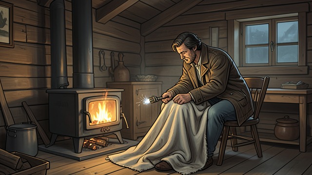 The Fire in the Cabin from "East of the Mountains". The Fire in the Cabin A cold arrival Ben collapses in the small picker cabin, ill and exhausted. Emilio notices the cold and returns with firewood.