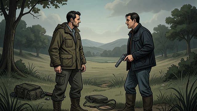 The Face to Face from "East of the Mountains". The Face to Face Harden returns Ben confronts Harden as he arrives carrying tools.