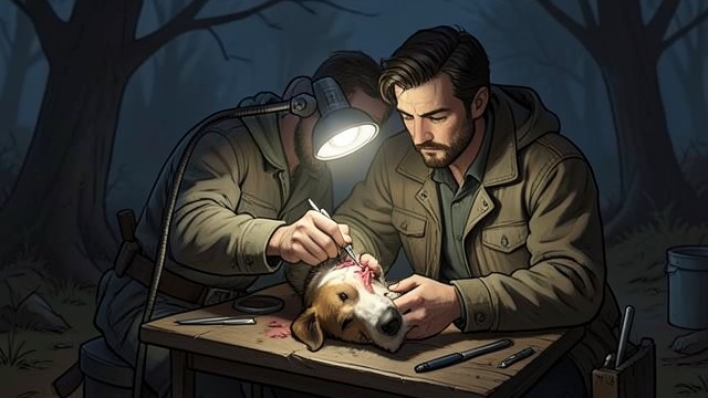 Field Surgery for Rex from "East of the Mountains". Field Surgery for Rex Injury assessment Ben examines Rex's deep wounds by headlamp and recognizes that they must be closed before the dog can travel.