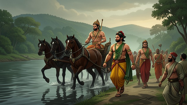 The Forest Road from "Ramayana". The Forest Road Leaving the city Sítá and Lakshmaṇ insist on accompanying Ráma, while citizens follow the chariot in grief.