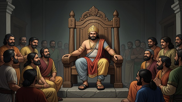 Bharat拒绝王位,《罗摩衍那》中的场景。摄政者的守望 临时朝廷 Bharat在南迪格拉姆过着清苦的生活,并将鞋履安放在王座上。他刻意限制自己的政治职权:象征性的王权仍归于Ráma。 将忠诚付诸实践 他治理王国,等待兄长归来。这种安排将手足情深化为一种克制治国的实践范例。