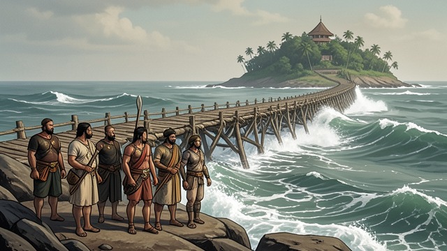 The Sea Crossing from "Ramayana". The Sea Crossing Counsel before battle Vibhíshaṇ abandons Rávaṇ’s court and gives Ráma knowledge of the enemy.