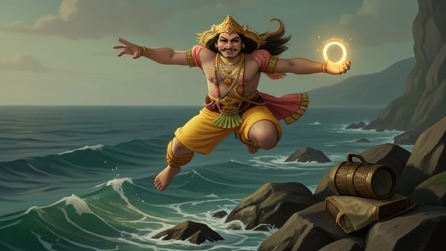 A Messenger Across the Sea from "Ramayana". A Messenger Across the Sea A task beyond ordinary strength Hanumán accepts the leap to Lanká when the southern search party reaches an impasse.