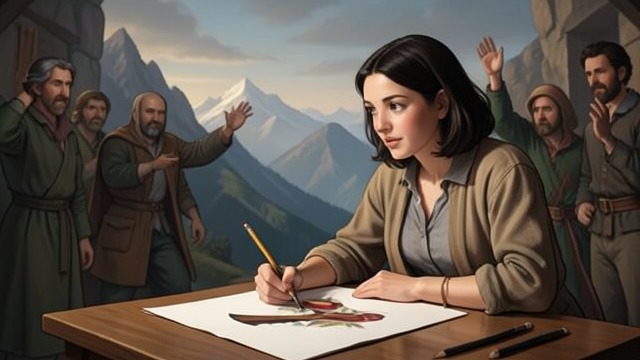 The Explorer’s Drawing from "The Sky Is Everywhere". The Explorer’s Drawing A mother on a mountain Bailey draws Paige looking outward while the rest of the family waves below.