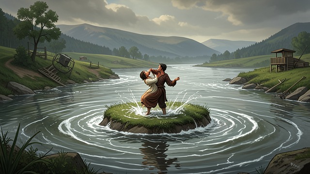 A Flood Cuts the Land from "Undine". Nature Becomes a Boundary Rising Water The forest brook bursts its banks while the lake is whipped by a storm.
