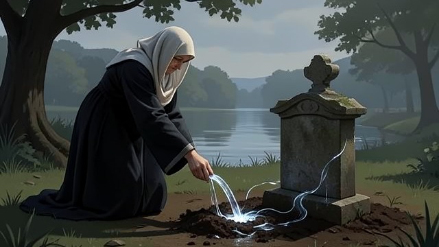 The Spring at the Grave from "Undine". Love After Death An Uninvited Mourner A veiled white figure follows Sir Huldbrand’s funeral procession and stands near Bertalda at the grave.