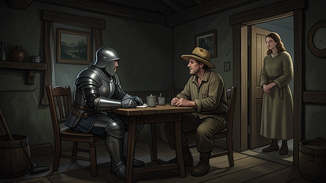 The Knight’s Arrival from "Undine". A Stranger Seeks Shelter From Forest to Hearth Sir Huldbrand of Ringstetten arrives at the cottage after a disorienting journey through the Haunted Forest.