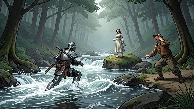 The Flooded Crossing from "Undine". The Peninsula Becomes an Island Search Through the Storm The forest brook surges out of its banks, while wind and waves batter the peninsula.