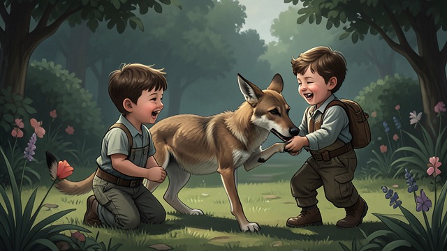 与皮斯科的孩子们玩耍,《丁戈》中的场景。慷慨的玩伴 孩子们被带到安全之处 丁戈带着皮斯科最年幼的几个孩子,离开他们拥挤的家,来到叙述者阳光明媚的花园。 不分尊卑的亲昵 丁戈温柔地陪他们玩耍,任由他们粗鲁地对待自己;有那么一段时间,他成了这个贫困家庭无法给予孩子们的温暖。