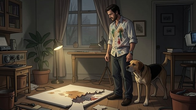 Dingo Destroys the Portrait from "Dingo". A Canvas Becomes Prey The Failed Portrait Barque paints Dingo in a bright, unconvincing color, drawing on the familiar methods of his hare pictures.