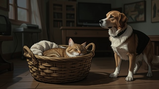 A Shared Basket from "Dingo". An Unlikely Pair Care and Protection Dingo helps raise the young cat and protects her even from rough affection and her neglectful mother.