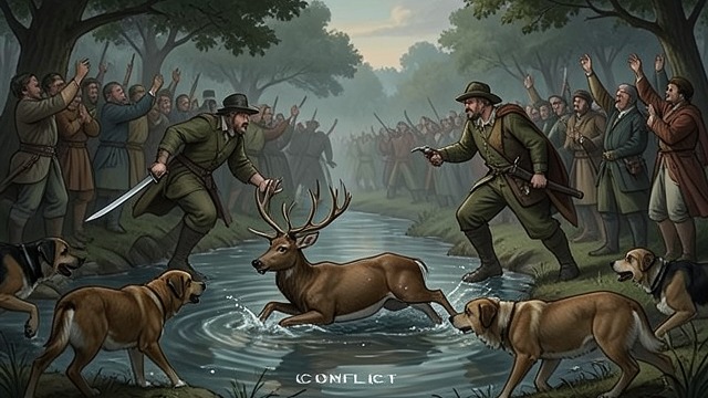 The Kill Celebrated from "Dingo". Violence Becomes Festival A Frenzied Crowd The deer weakens in the river as dogs close around it and a huntsman approaches with a dagger.