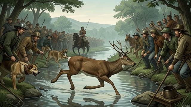 The Deer Reaches the River from "Dingo". A Flight Toward Water The Pack Approaches The hunting dogs and riders drive a deer toward the Seine as the spectators strain to follow the distant sounds.
