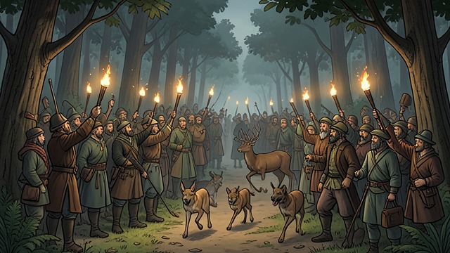 The Hunt Draws a Crowd from "Dingo". Spectators Gather A Public Occasion Riders, fashionable visitors, villagers, and working people assemble to watch a hunt pass through the forest.