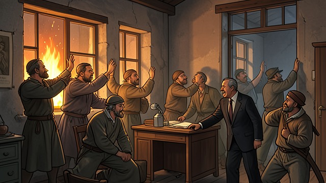 The Office Stormed from "Dingo". Property Claims Become Violence A Mob Enters Villagers break the office windows and demand their money, land, and houses from the notary’s empty rooms.