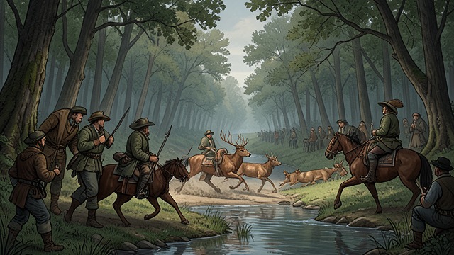 The Deer Chase from "Dingo". Pursuit Made Respectable Riders and Spectators Mounted hunters, dogs, and a crowd drive a deer toward the river, where people anticipate a dramatic kill.