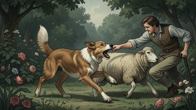 The Sheep at Sazy from "Dingo". The Attack in the Garden A Fatal Encounter When Dingo sees the prized sheep, he charges and tears its throat before anyone can stop him.