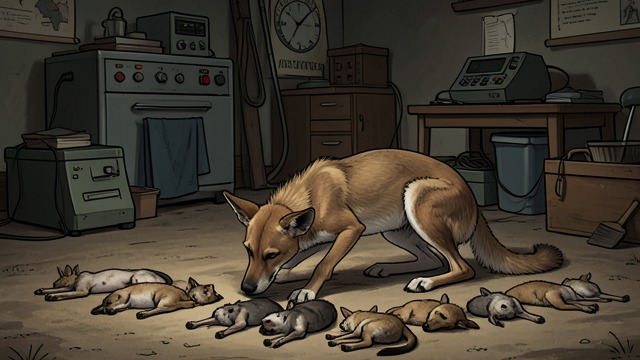 Dingo’s Hunting Tableau from "Dingo". Violence Made Orderly A Methodical Arrangement The mother dingo kills shipboard animals and lays them in rows, as if displaying the results of a hunt.