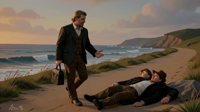 The Charming Stranger from "Why Didn't They Ask Evans". The Charming Stranger A helpful appearance Roger arrives on the coastal path after the stranger has died and agrees to remain with the body.