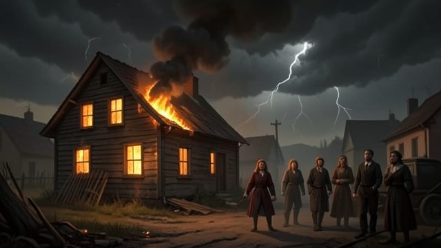 The House Falls in the Storm from "Anne of Avonlea". The House Falls in the Storm An Unintended End Lightning strikes the Boulter house and it burns to the ground.